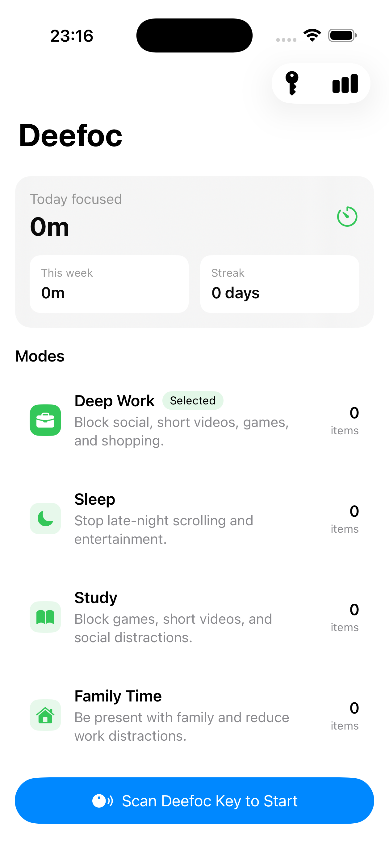 Deefoc home screen with focus modes before app selections