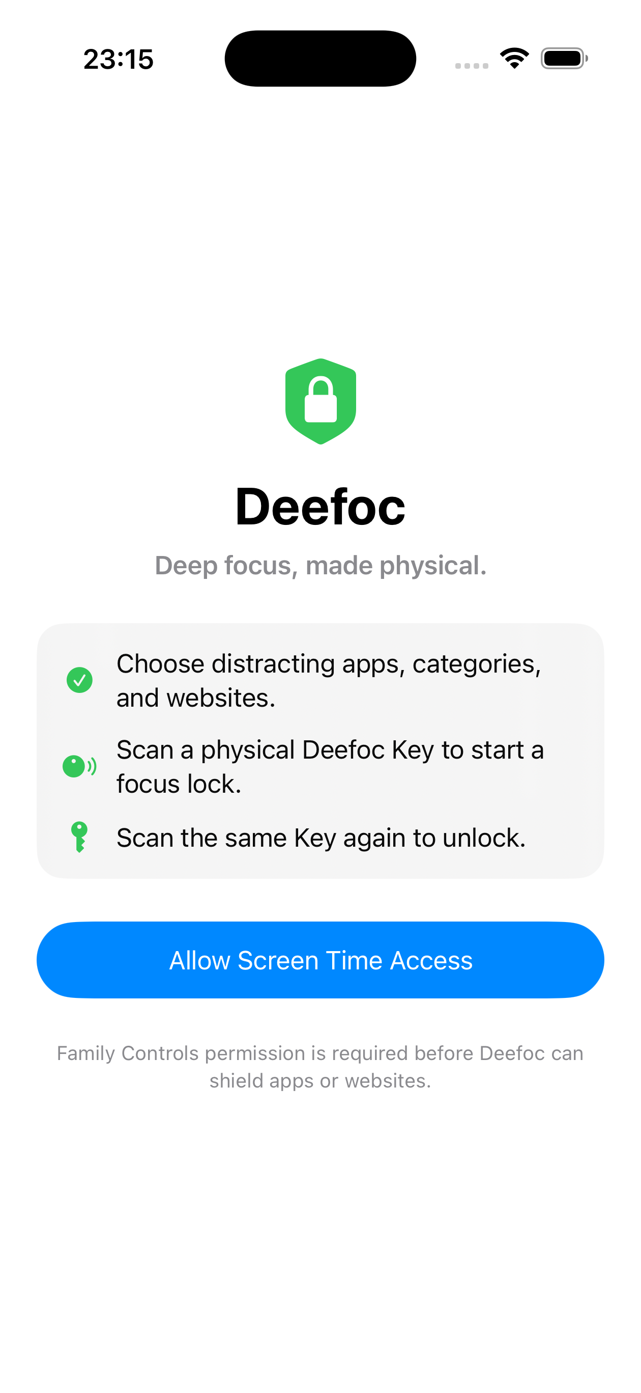 Deefoc onboarding screen requesting Screen Time access